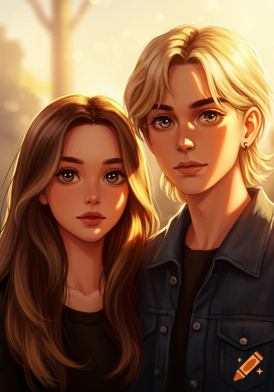 Anime illustration of a young woman with long brown hair and a young man with blond hair, both with freckles, standing in warm golden light.