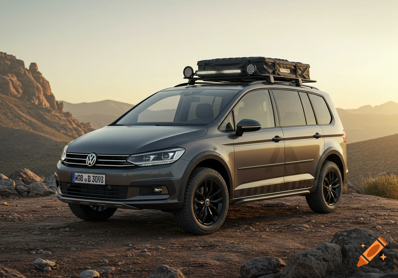 A dark grey Volkswagen Touran with off-road modifications and a roof rack parked on a dirt road at sunset, with mountains in the background.