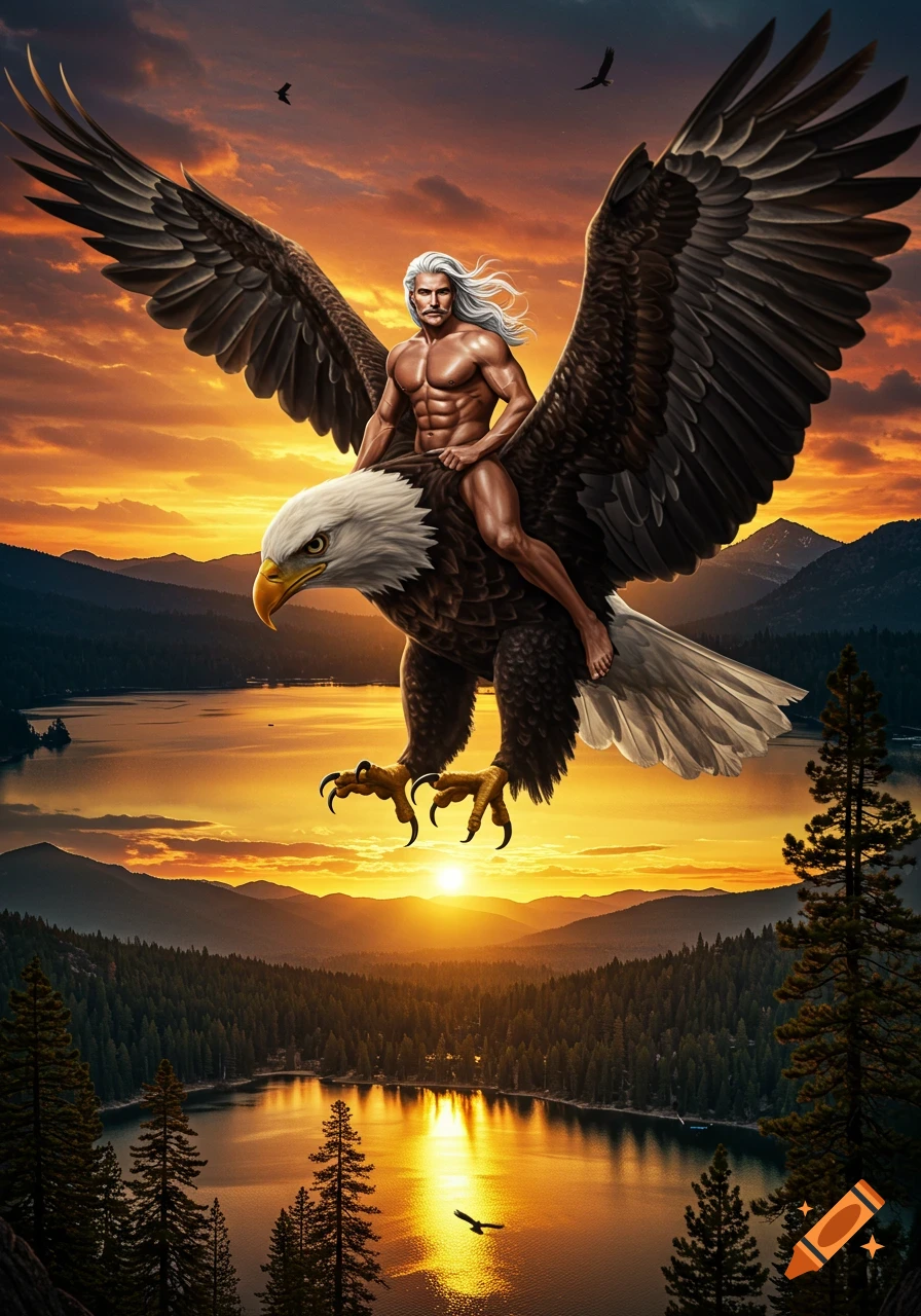 A muscular man with long white hair rides a giant bald eagle soaring over a lake and pine trees at sunset, in a dramatic painted style.