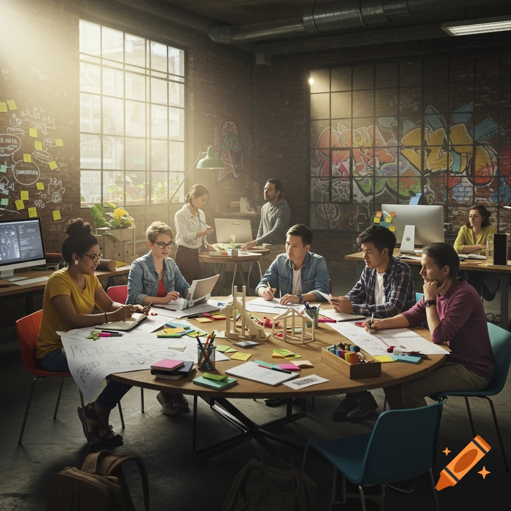 A diverse group of people collaborate around a large table in a sunlit, industrial-style office. Papers, models, and sticky notes cover the table and walls.