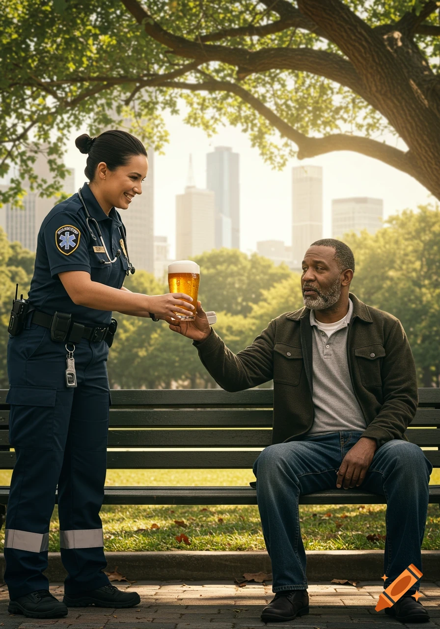 A smiling paramedic in uniform hands a frothy beer to a bearded man sitting on a park bench, with a city skyline in the background.