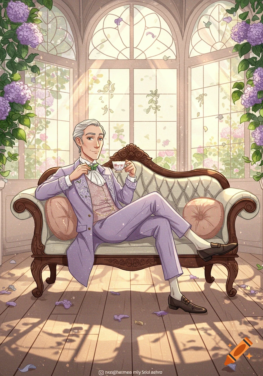 Anime illustration of a man in a lavender suit on a sofa, holding a teacup in a sunlit room with hydrangeas.