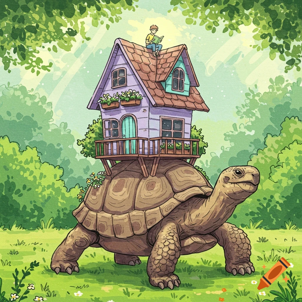 A whimsical marker illustration of a giant tortoise carrying a two-story house, with a person reading on its roof, in a grassy forest.
