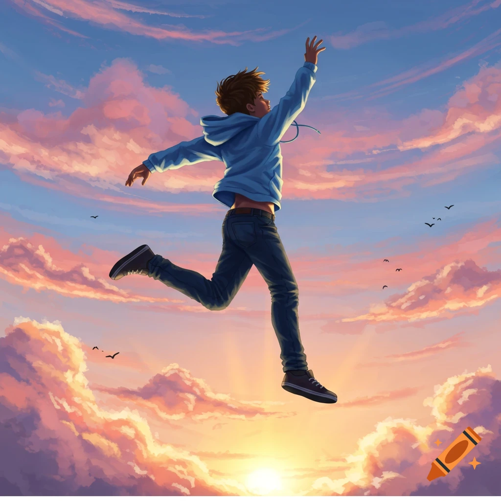 Illustration of a boy jumping through a vibrant sunset sky filled with colorful clouds, reaching his hand upwards.