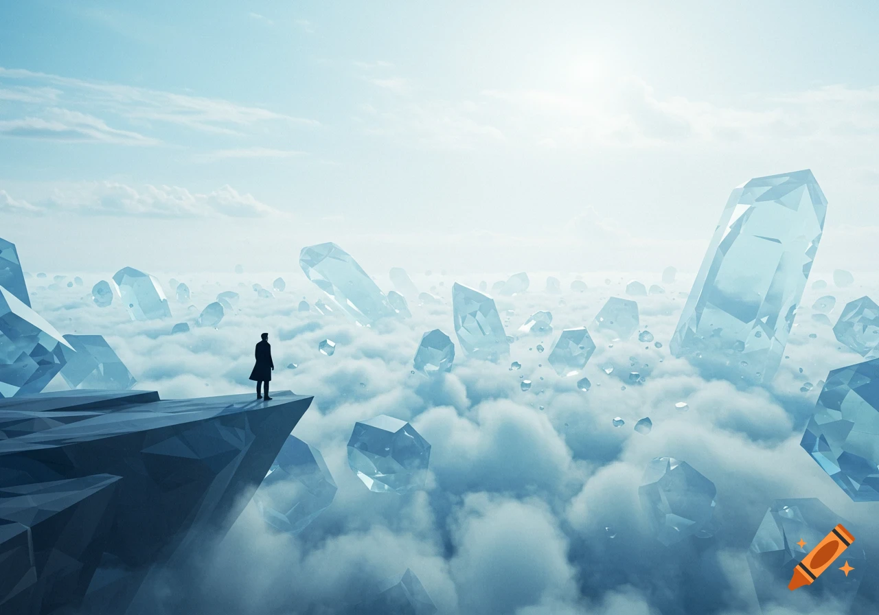 A lone figure on a geometric cliff overlooks a foggy landscape filled with large, glowing blue crystals, under a bright sky.