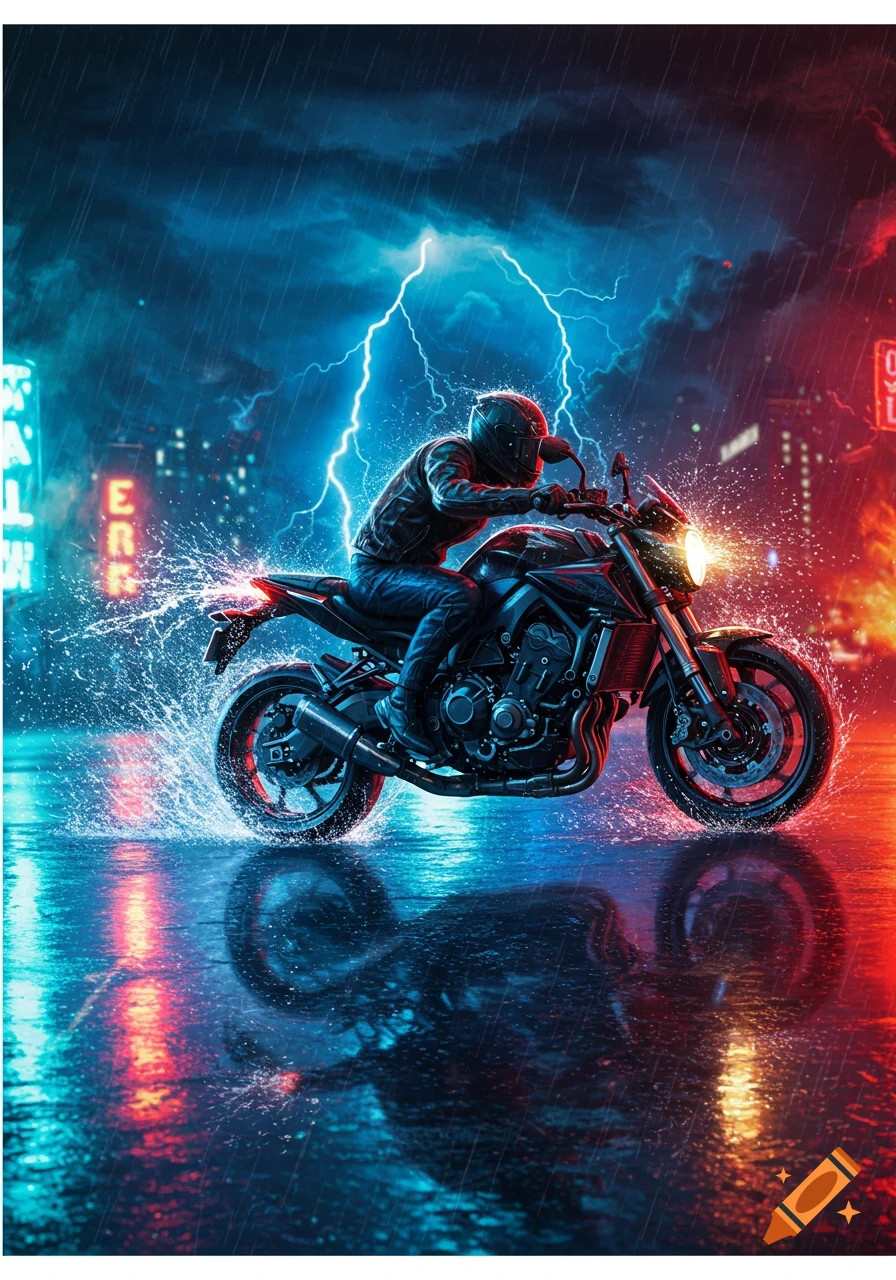Motorcyclist in black jacket and helmet speeds through a neon-lit, rainy city street under a stormy sky with lightning.