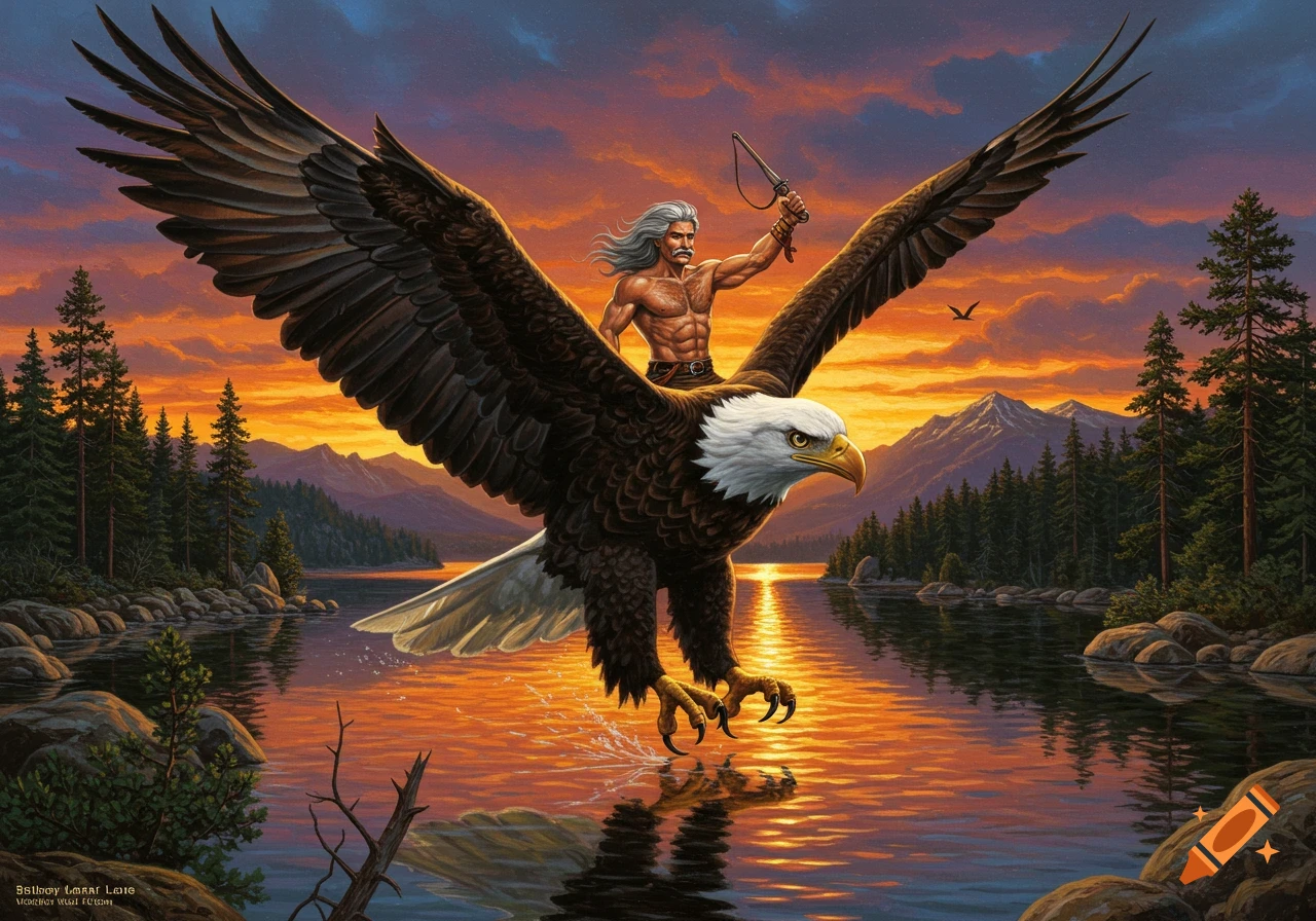 Muscular man with long gray hair riding a giant bald eagle over a lake at fiery sunset, a heroic painting.
