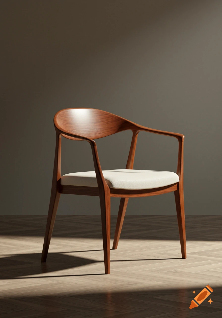 A photorealistic image of a stylized wooden chair with a white upholstered seat on a parquet floor.