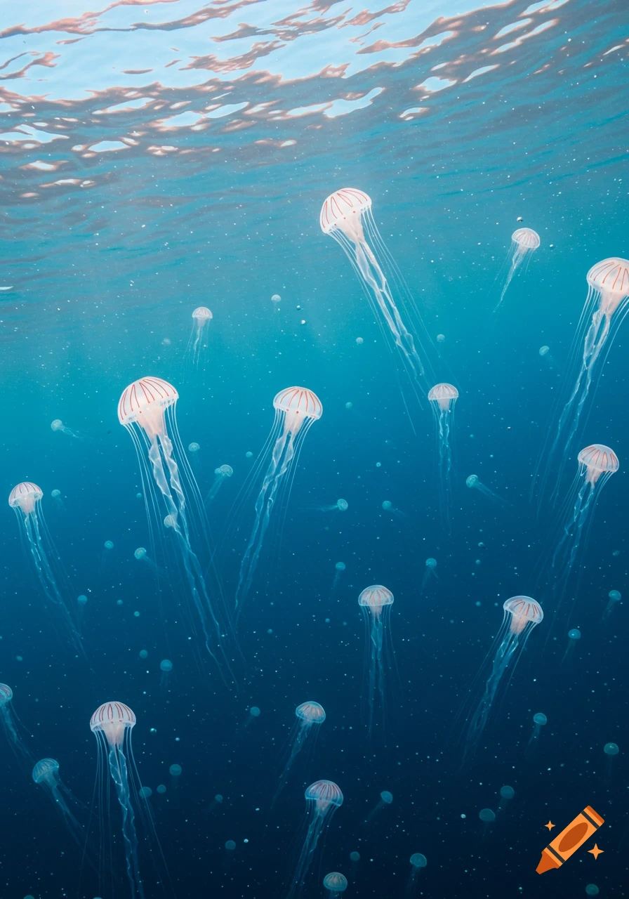 Many translucent pink-striped jellyfish with long tentacles swim in a vibrant blue ocean, with sunlight dappling the water surface.