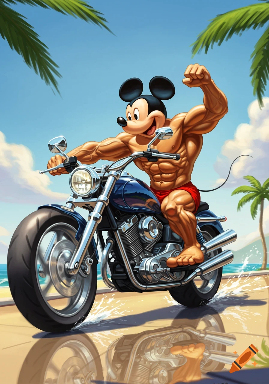 Muscular Mickey Mouse in red speedo riding a blue motorcycle on a sunny beach with palm trees.