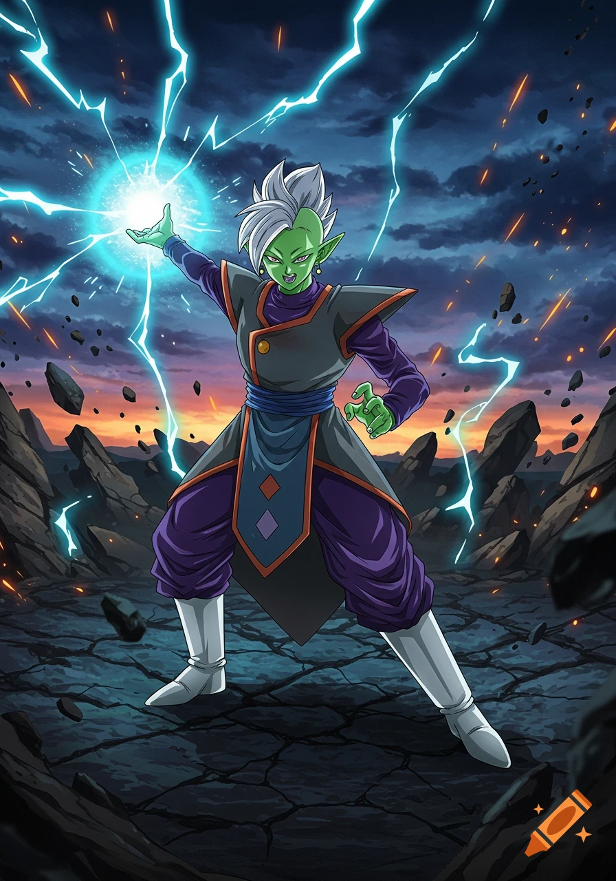 Anime illustration of Zamasu from Dragon Ball, a green-skinned character, charging a blue energy orb with lightning in a rocky landscape.