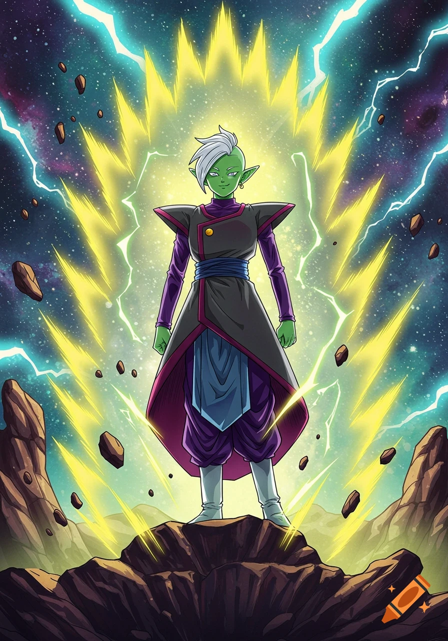 Green-skinned Zamasu from Dragon Ball, with white hair and black/purple robes, stands powered up on a rocky planet with yellow energy and lightning in a cosmic background, anime style.