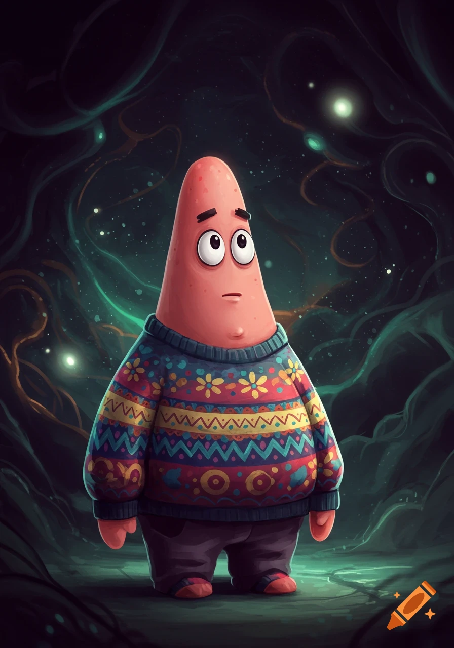 Patrick Star wearing a vibrant, patterned sweater stands in a dark, mystical environment with glowing particles.