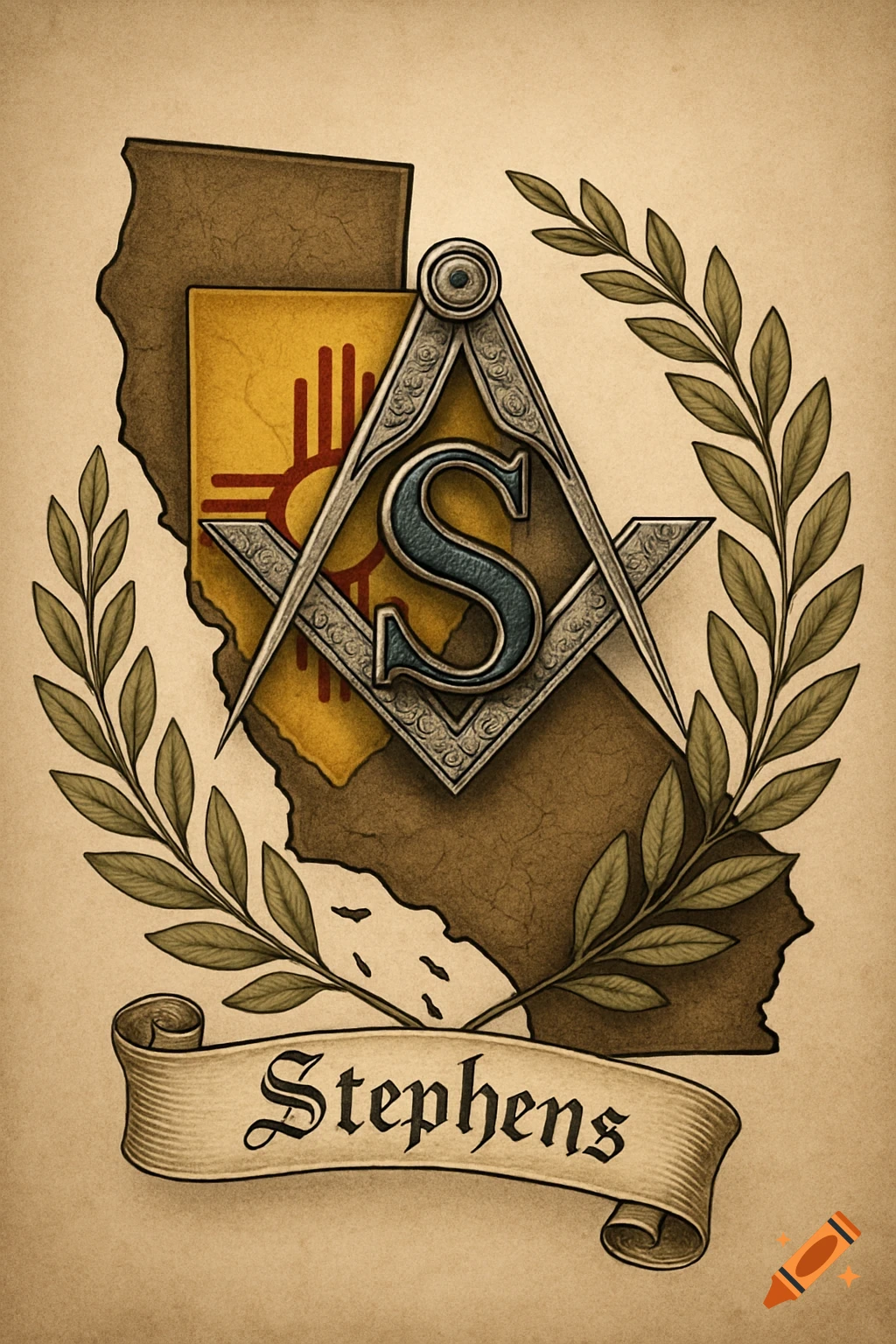 A vintage family crest featuring California outline, New Mexico flag, Masonic square and compass with 'S', laurel, and a 'Stephens' banner.