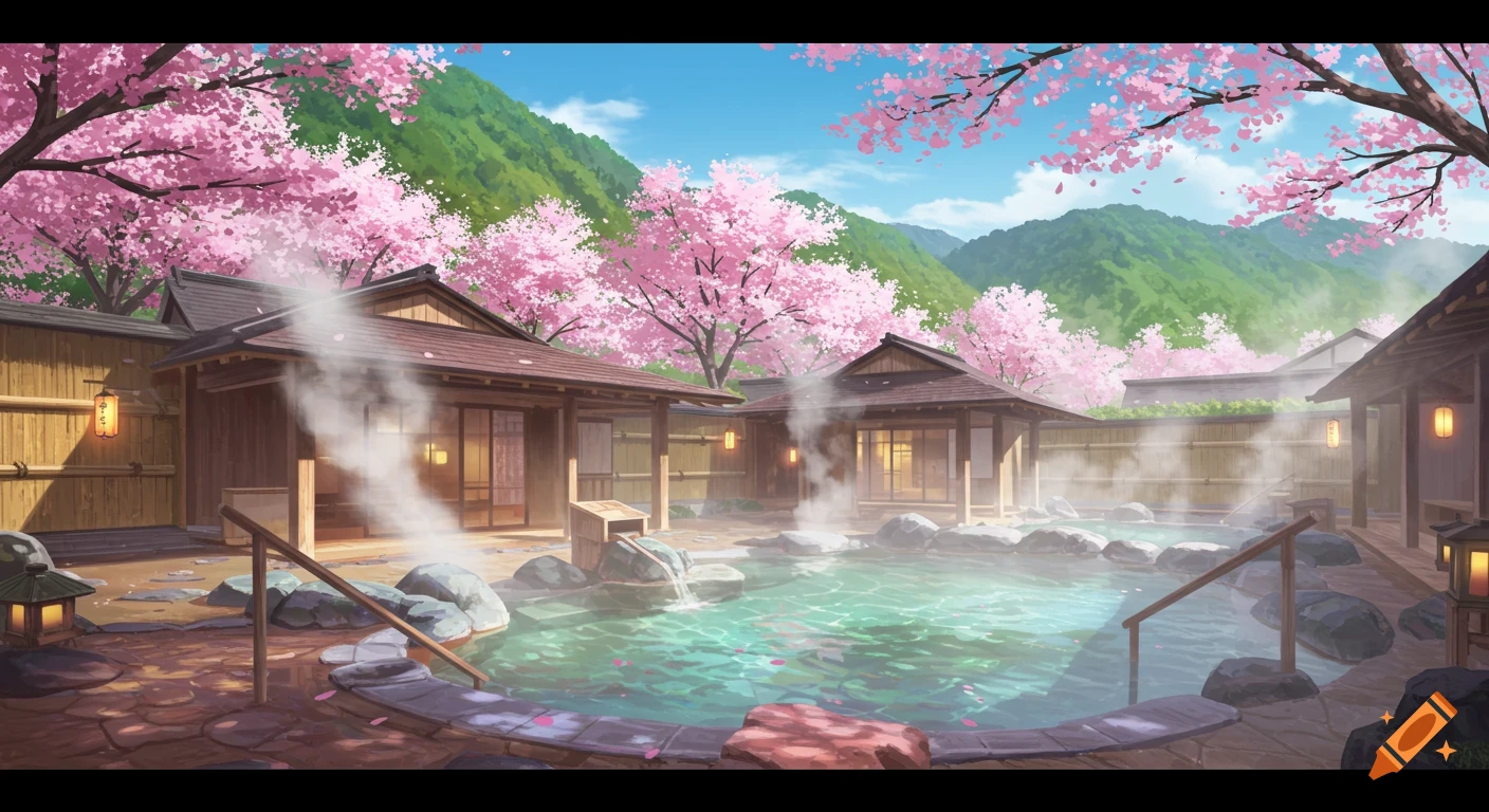 Anime style Japanese onsen with steaming hot springs, traditional buildings, and vibrant pink cherry blossoms under a blue sky.