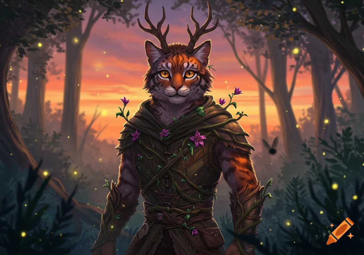 A majestic anthro cat-like druid with antlers and purple flowers on nature armor stands in a glowing forest at sunset, fantasy art.