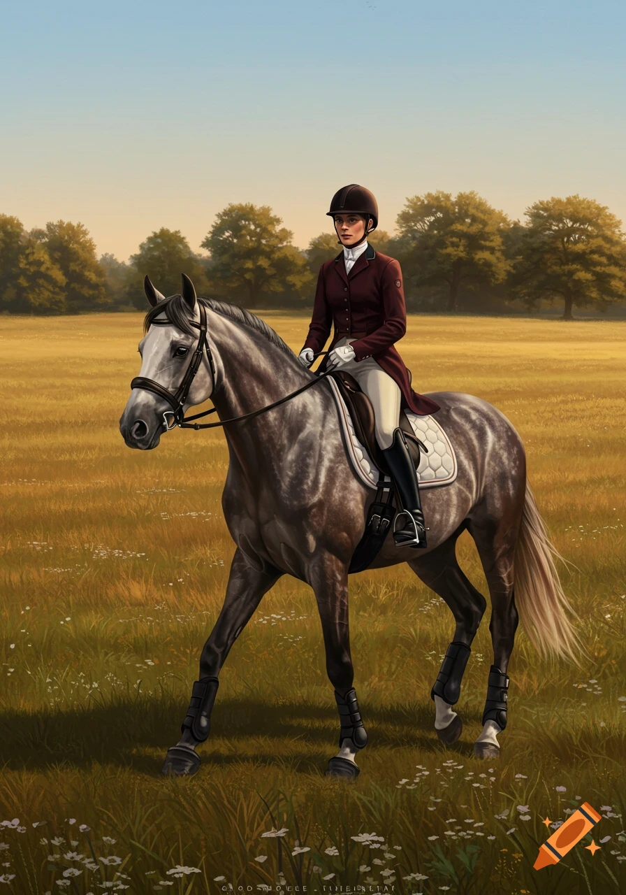 A woman in riding attire sits atop a dapple grey horse in a sunlit field, with trees in the background, in a painterly style.