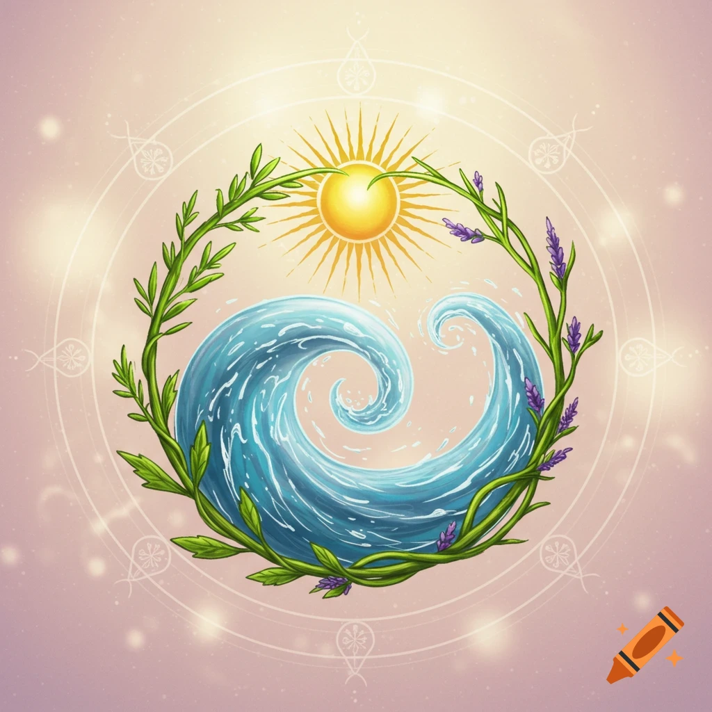 Vibrant illustration of a circular symbol with a radiant sun, swirling blue waves, and a wreath of green leaves and lavender.