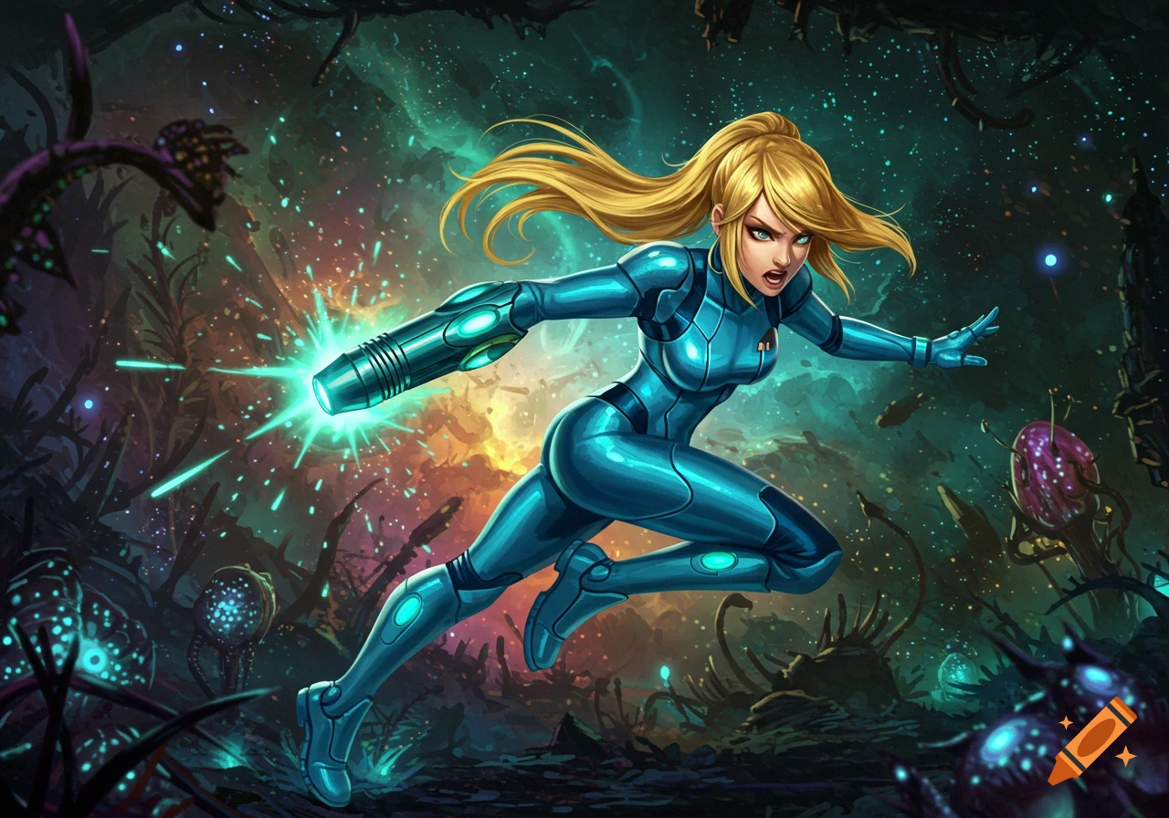 Samus Aran in her blue Zero Suit, firing an arm cannon in a vibrant alien landscape.