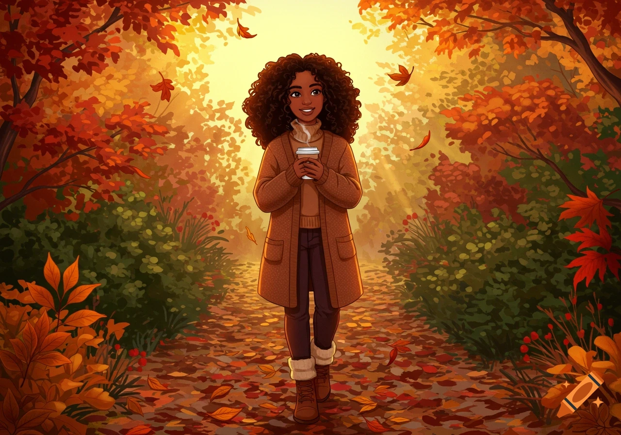 An illustrated brown woman walks on an autumn path filled with fallen leaves, holding a steaming coffee cup.