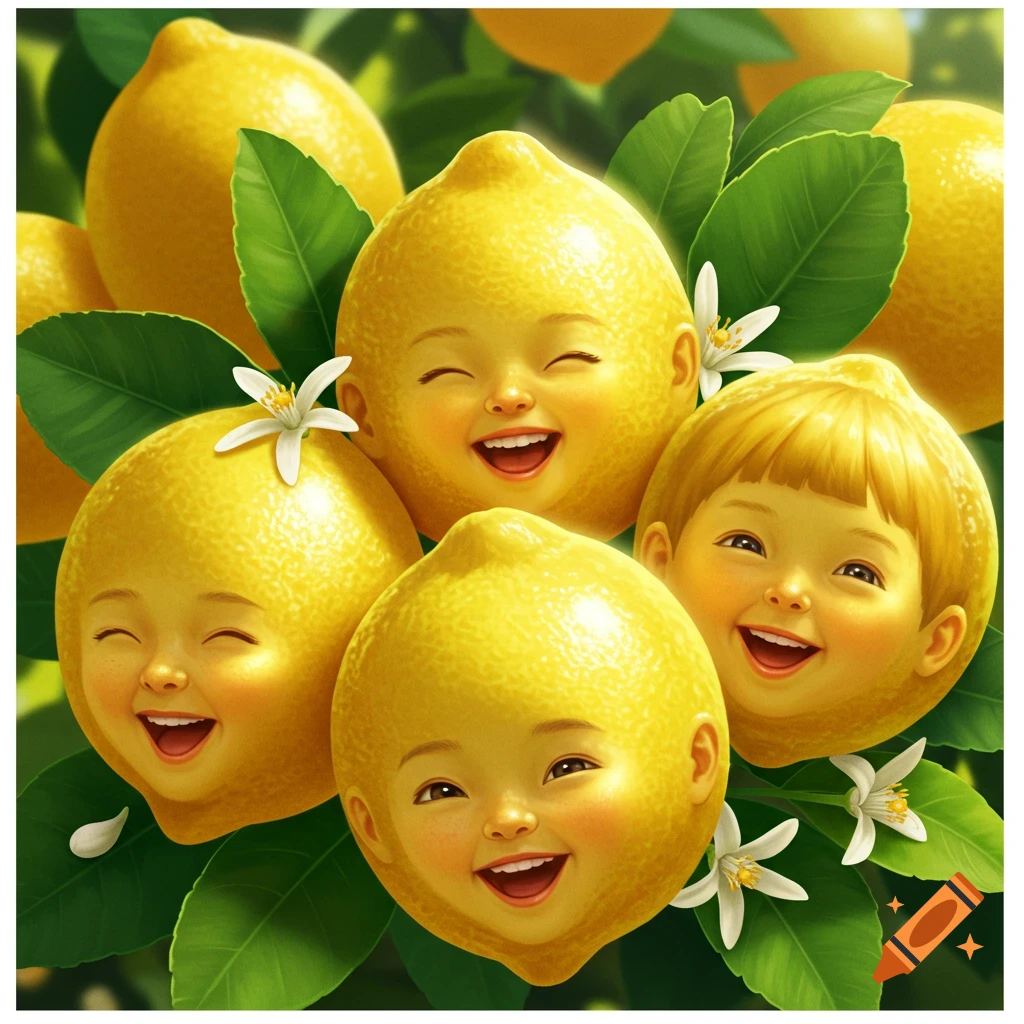 Vibrant image of happy children's faces embedded in bright yellow lemons on a tree with green leaves and white blossoms.
