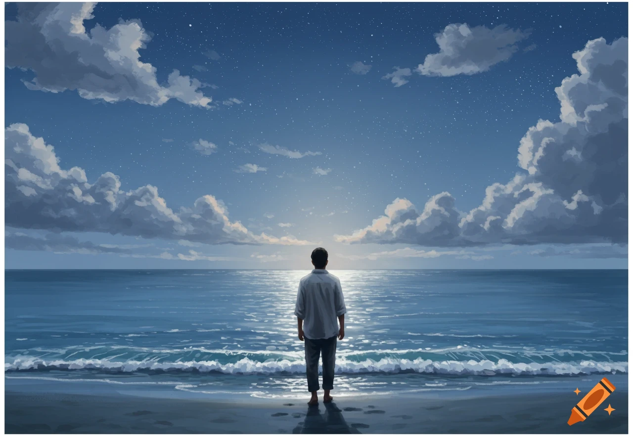 A person stands on a beach, gazing at the vast ocean under a starry night sky with clouds, in a painted style.