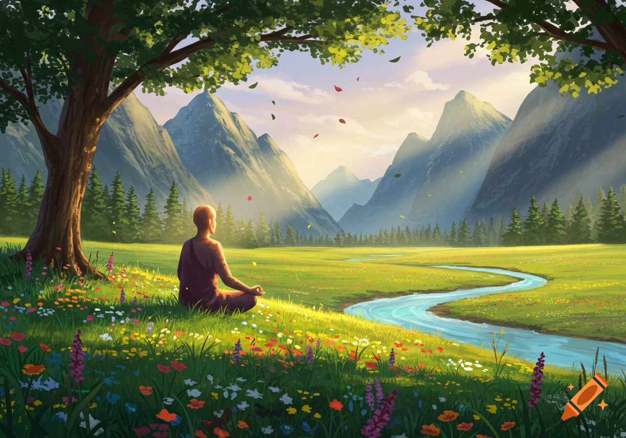 A person meditates under a tree in a lush, flower-filled meadow with a winding river and majestic mountains in the background, digital painting.