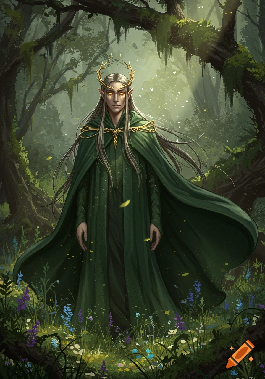 A regal elf with long silver hair, golden antlers, and gold speckled eyes, wearing a flowing green cloak, stands in a magical forest.