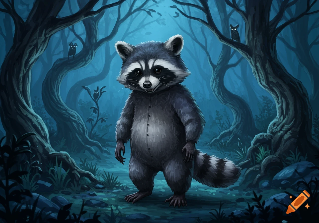 A bipedal raccoon creature with a stitched belly stands in a dark, stylized forest with glowing-eyed creatures.