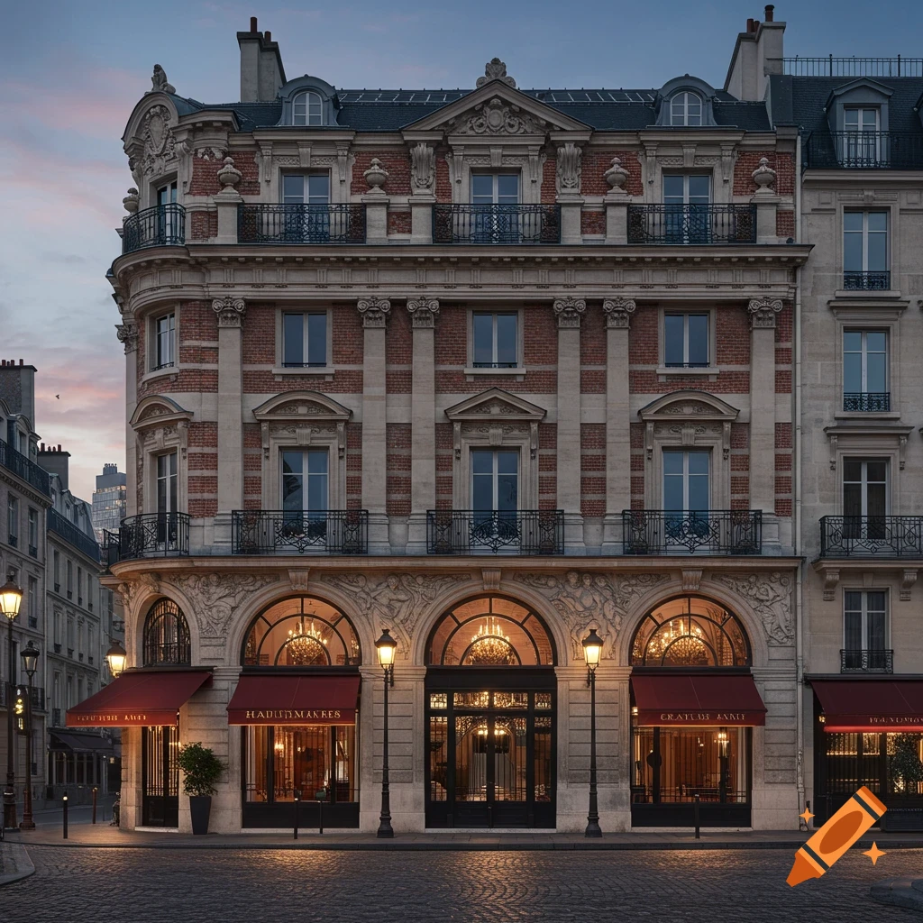 Photorealistic image of a grand Haussmann-style building in Paris at dusk, with ornate facades, red awnings, and street lamps.