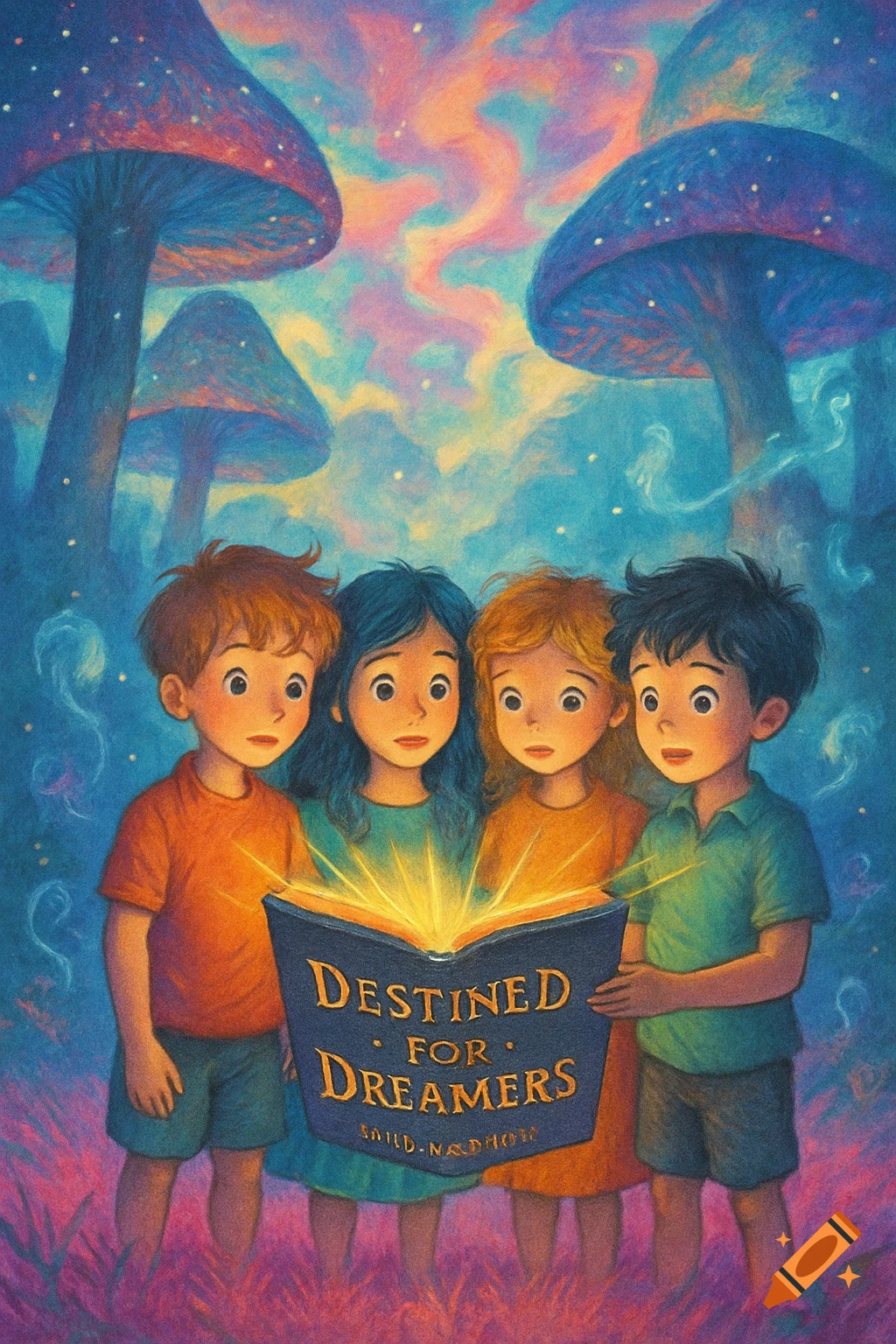 Four wide-eyed children look at a glowing open book in a whimsical fantasy world with large, colorful mushrooms under a starry sky.