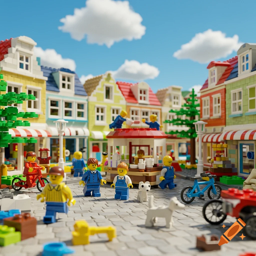 A vibrant Lego town scene with minifigures, colorful buildings, bicycles, and dogs on a cobblestone street under a blue sky.