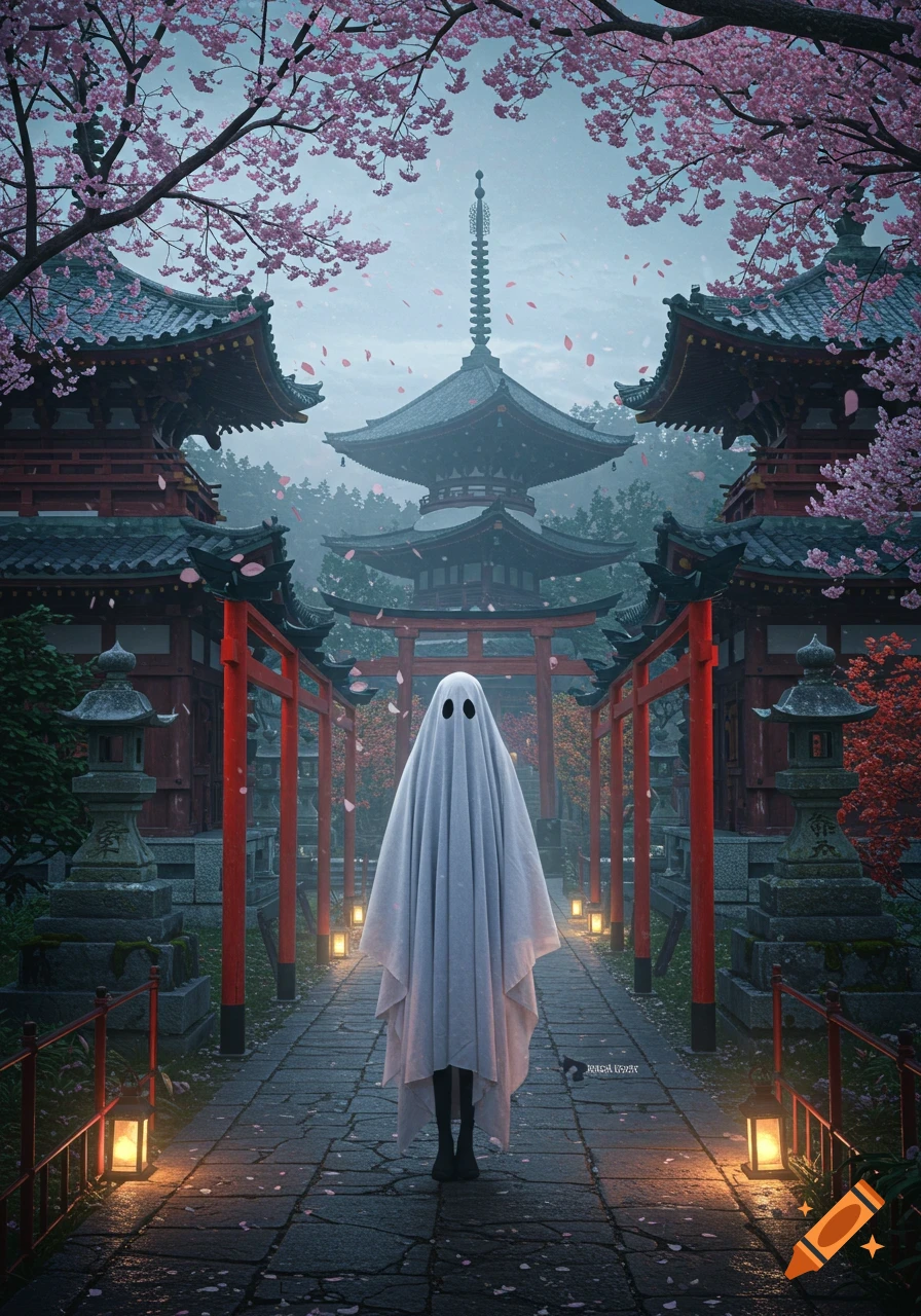 A person in a white sheet ghost costume stands on a paved path flanked by red torii gates and pagodas under falling cherry blossoms.