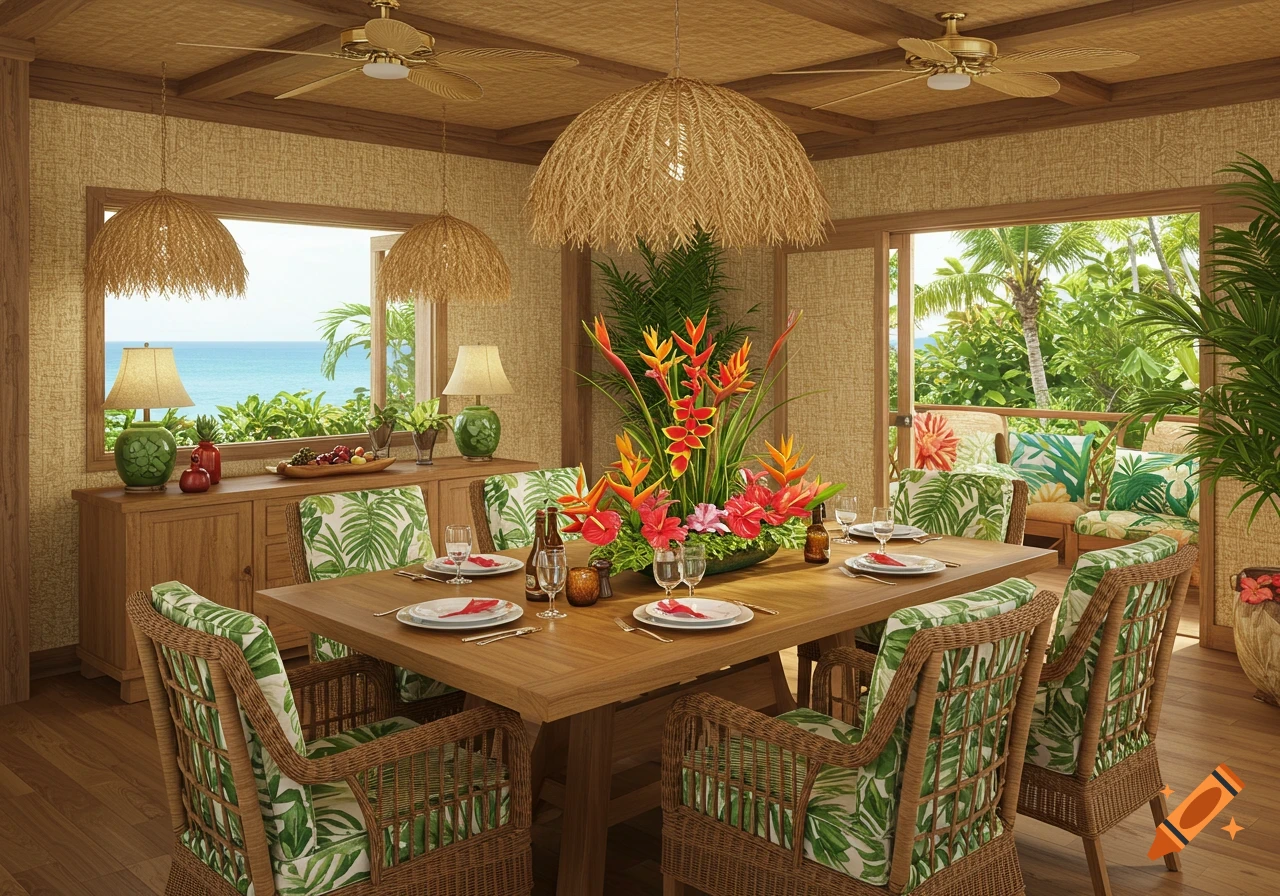 A photorealistic Hawaiian-themed dining room with a large wooden table, wicker chairs, tropical flowers, and an ocean view.