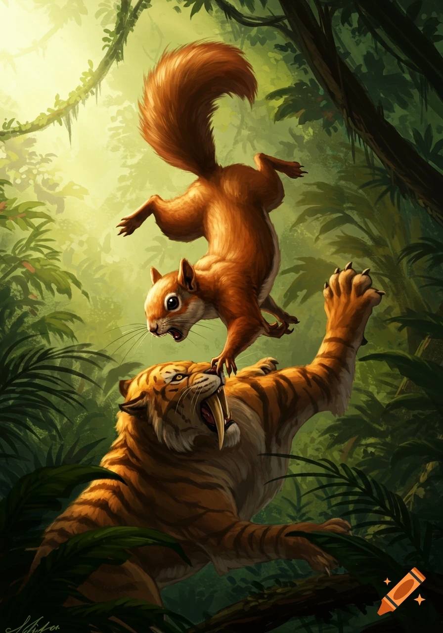 A brave squirrel leaps onto a snarling sabertooth tiger in a vibrant jungle illustration.