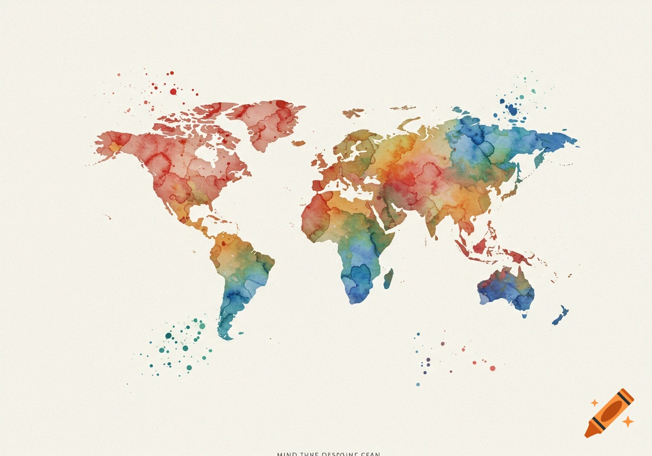 Watercolor world map with colorful paint splatters.