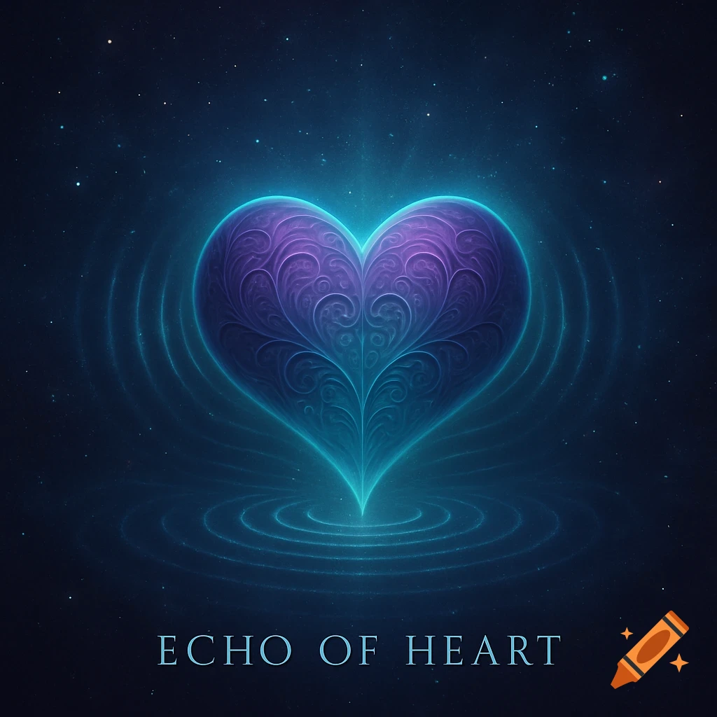 Glowing, ornate purple and blue heart surrounded by light rings on a starry background, with text 'ECHO OF HEART'.