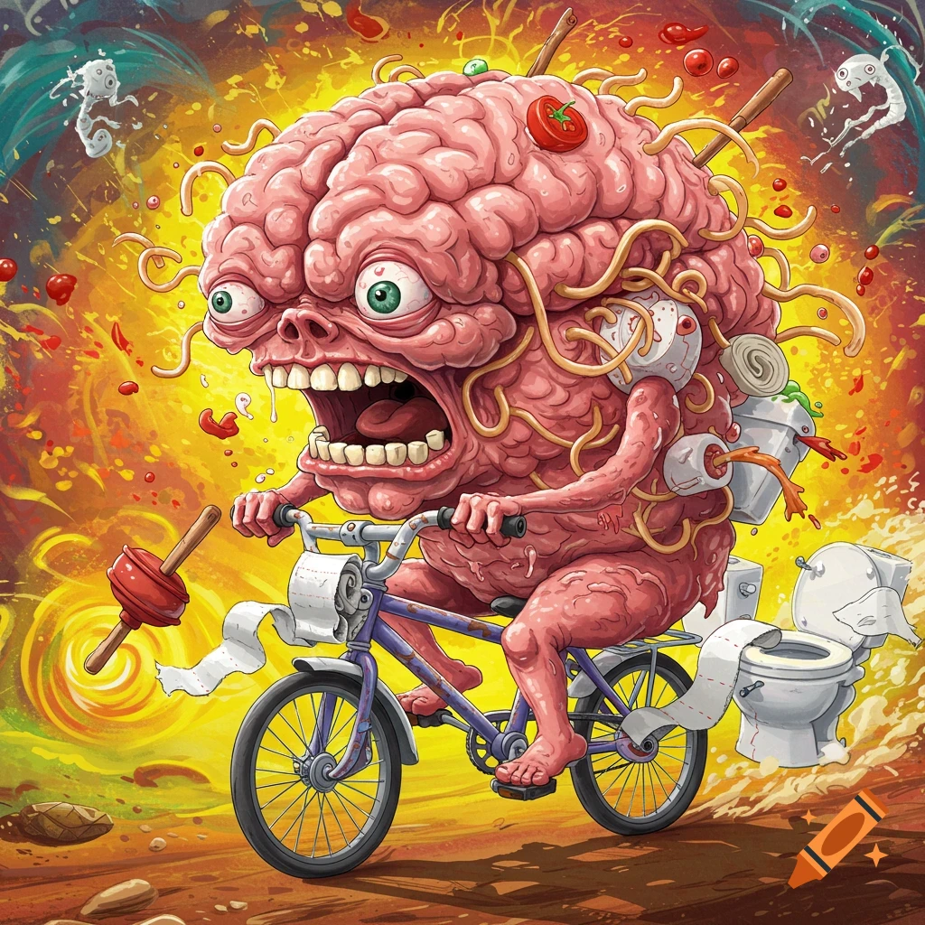 A grotesque, cartoonish brain monster with spaghetti hair and toilet accessories, screaming while riding a bicycle against a chaotic colorful background.