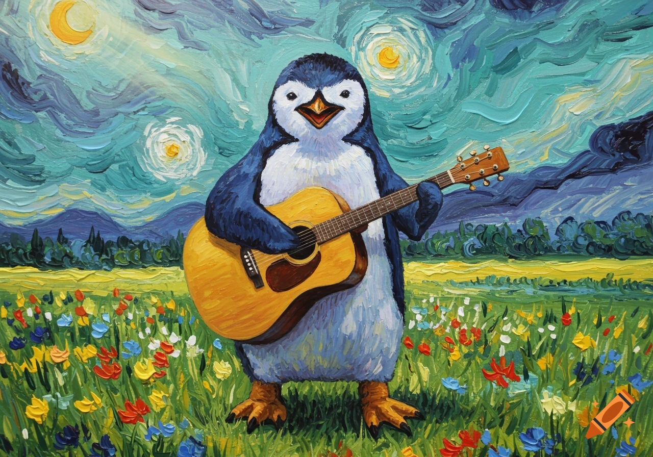 A penguin plays an acoustic guitar in a vibrant Van Gogh style painting, standing in a field of flowers under a starry night sky.
