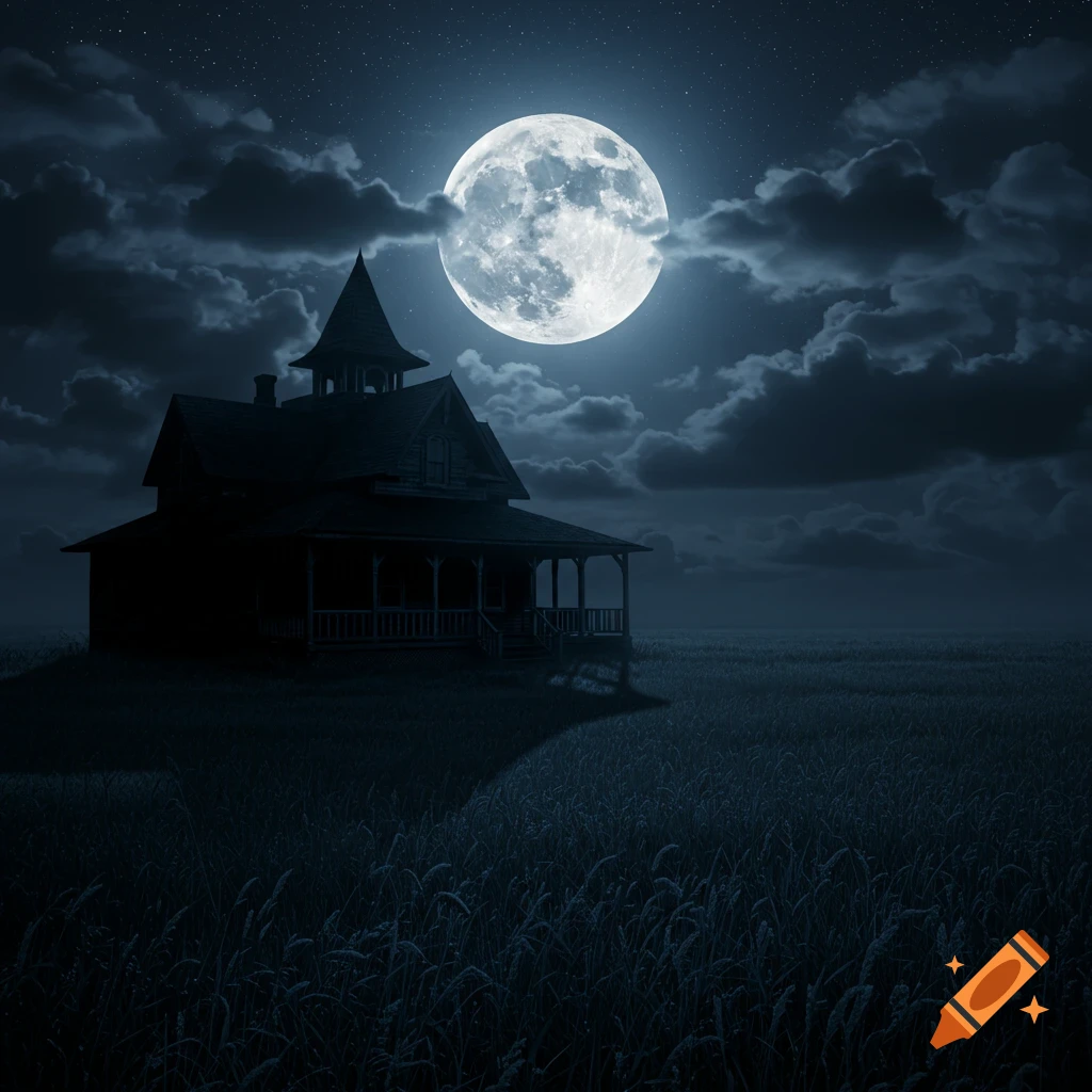 A dark, silhouetted house with a porch stands in a field under a bright full moon and cloudy night sky.