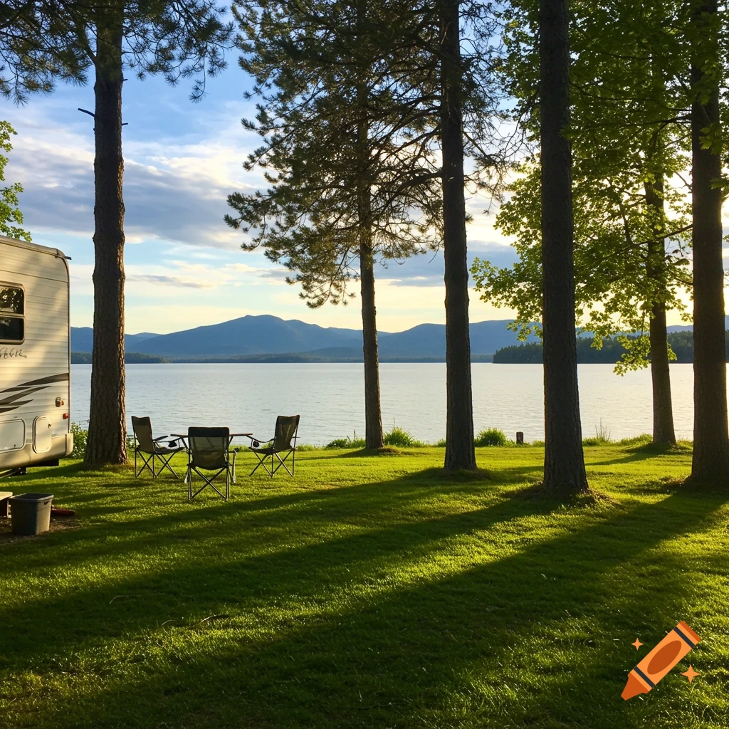 Photorealistic image of an RV parked by a lake with mountains in the background, surrounded by green grass and tall trees.