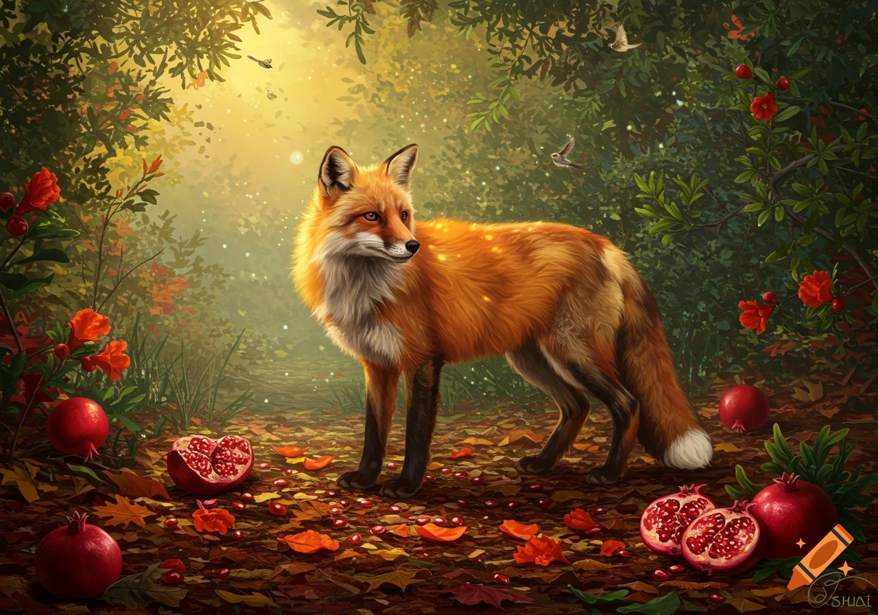 A vibrant, painterly red fox in a mystical autumn forest clearing with pomegranates and golden light.