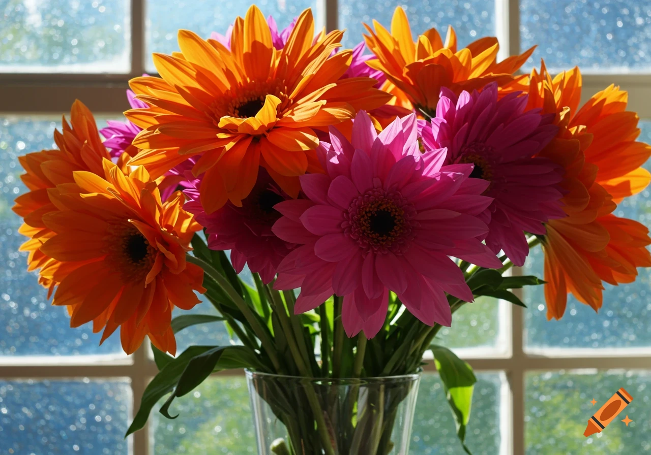 Vibrant orange and pink gerbera daisies in a clear vase in front of a window, bathed in sunlight.