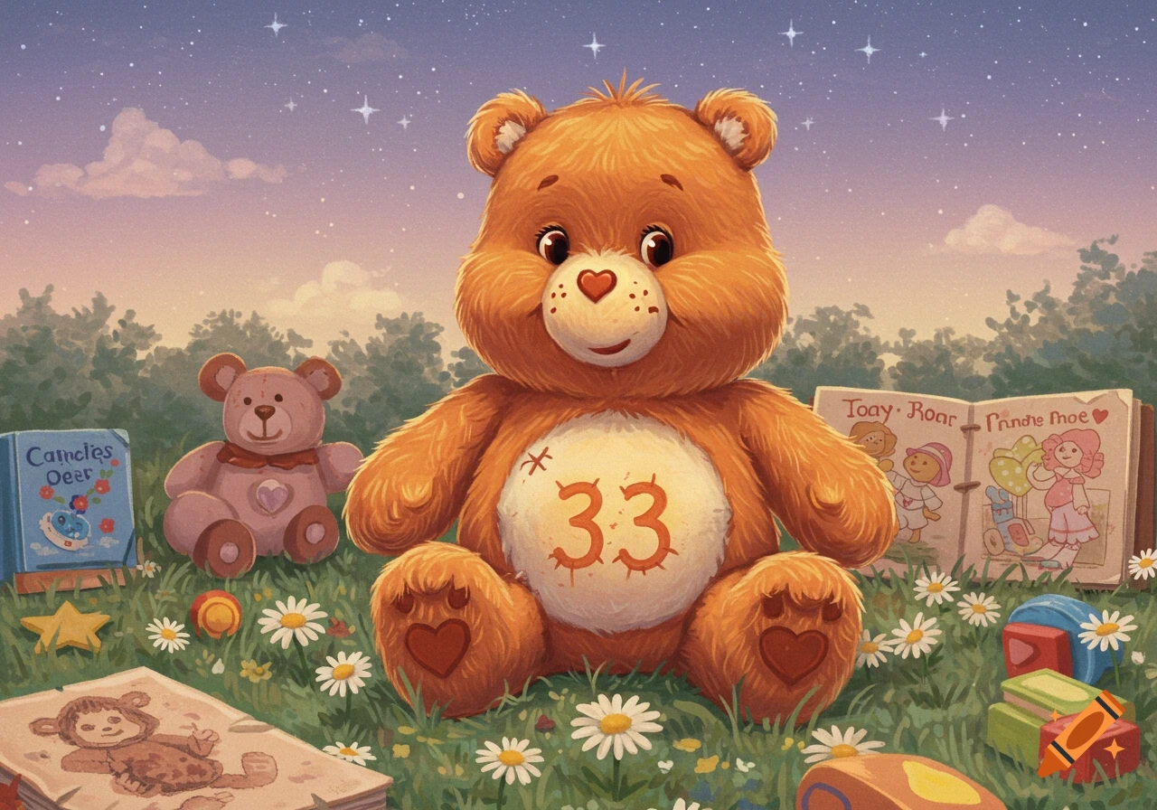 A fluffy orange teddy bear with a "33" belly patch sits in a field of daisies under a starry sky, surrounded by other teddy bears, toys, and books.