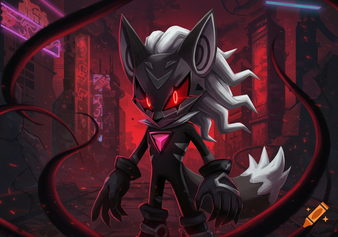 Infinite the jackal, a black and white anthropomorphic character with red glowing eyes, stands in a dark, red-lit futuristic city.