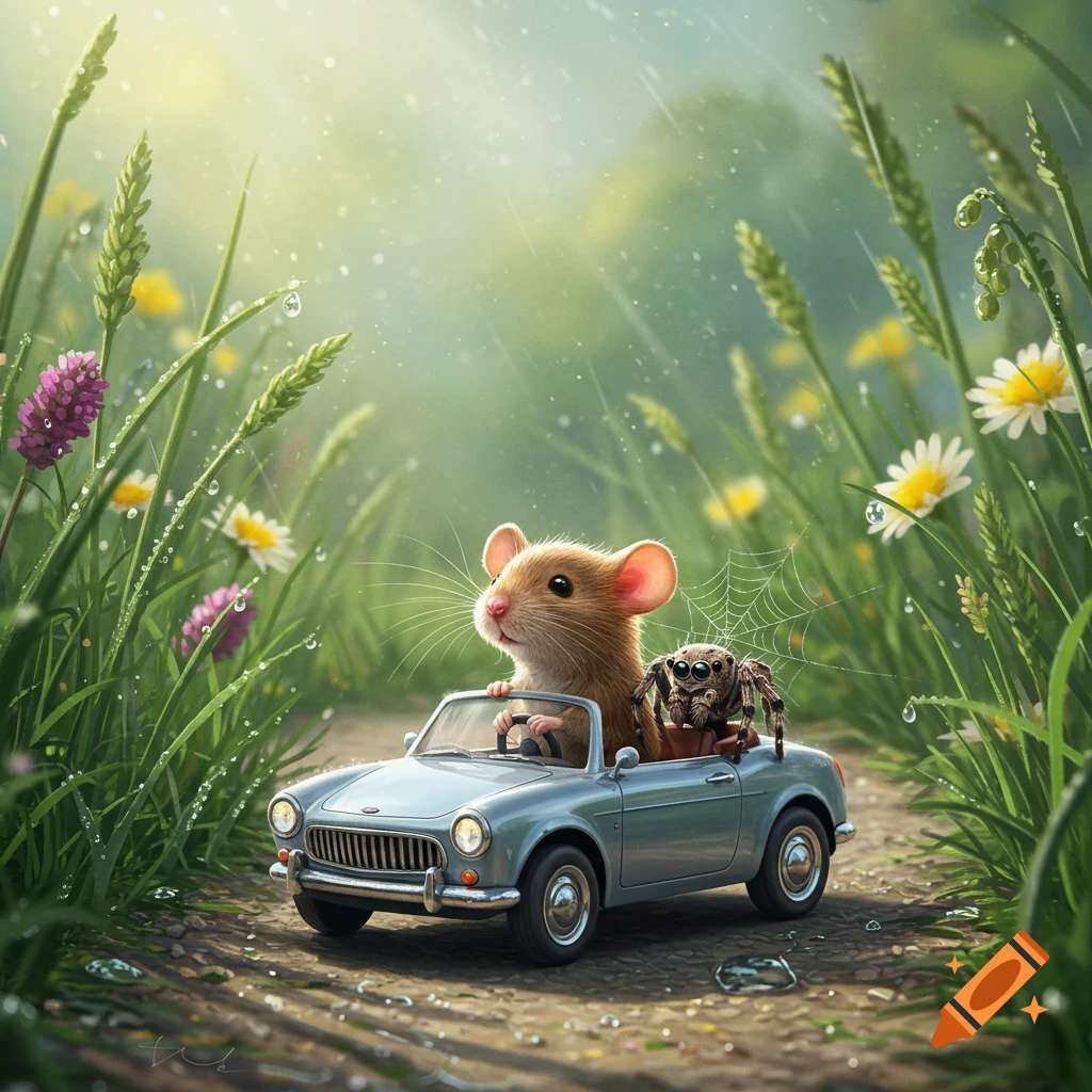 A cute mouse drives a vintage car with a spider passenger through a dewy field of tall grass.