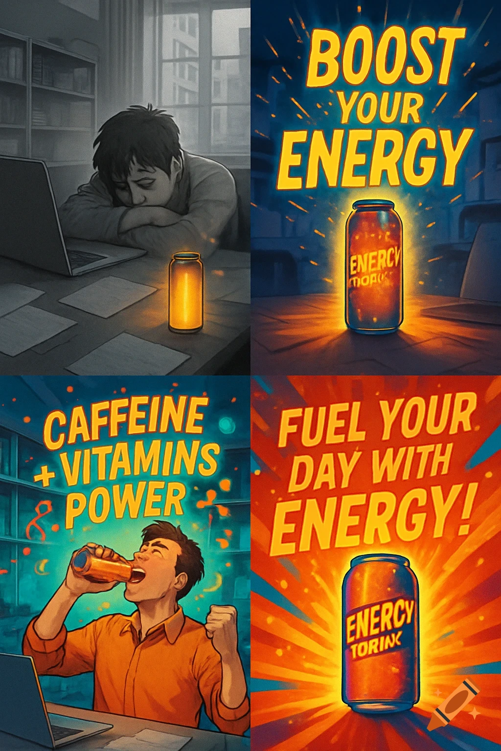 A split-panel illustration depicting a tired person, then an energy drink, followed by an energized person drinking it. Text says 'Boost Your Energy' and 'Fuel Your Day with Energy!'. Style is vibrant cartoon.