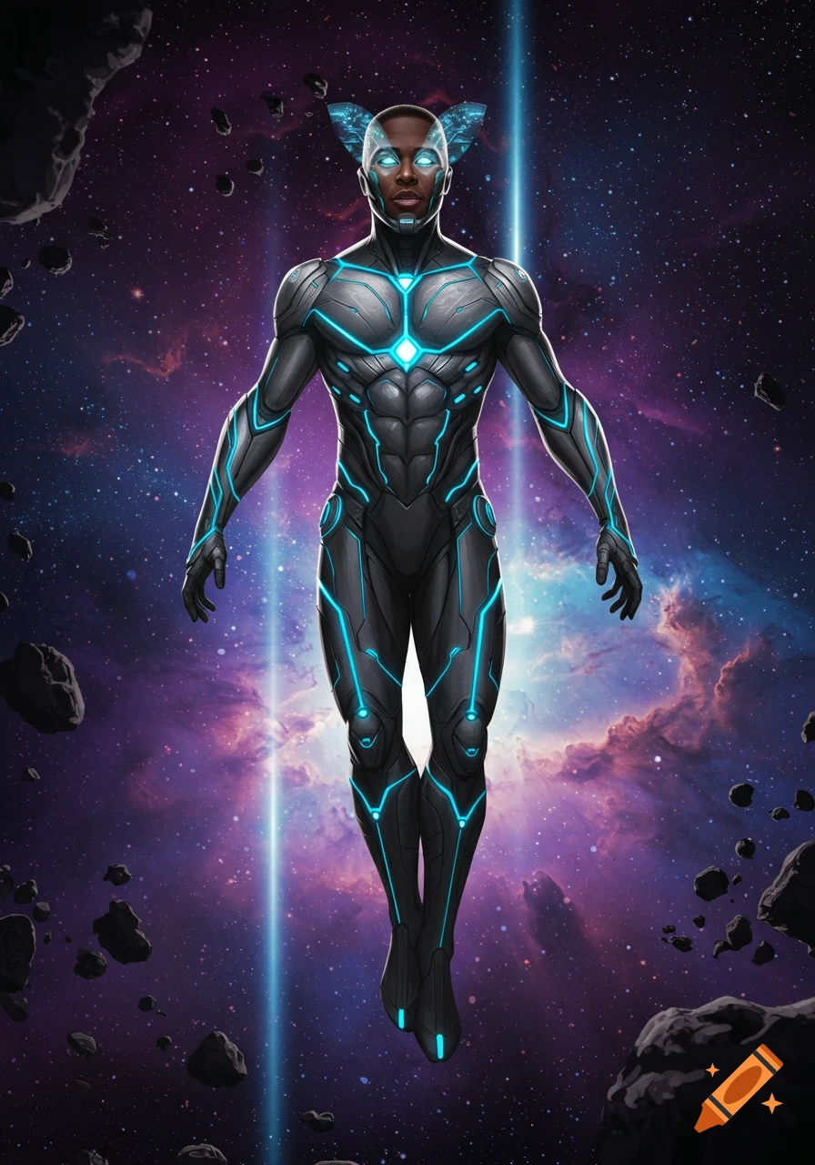 A dark-skinned superhero in a black and blue glowing futuristic suit floats in a vibrant purple nebula-filled space with asteroids and light beams, digital art.