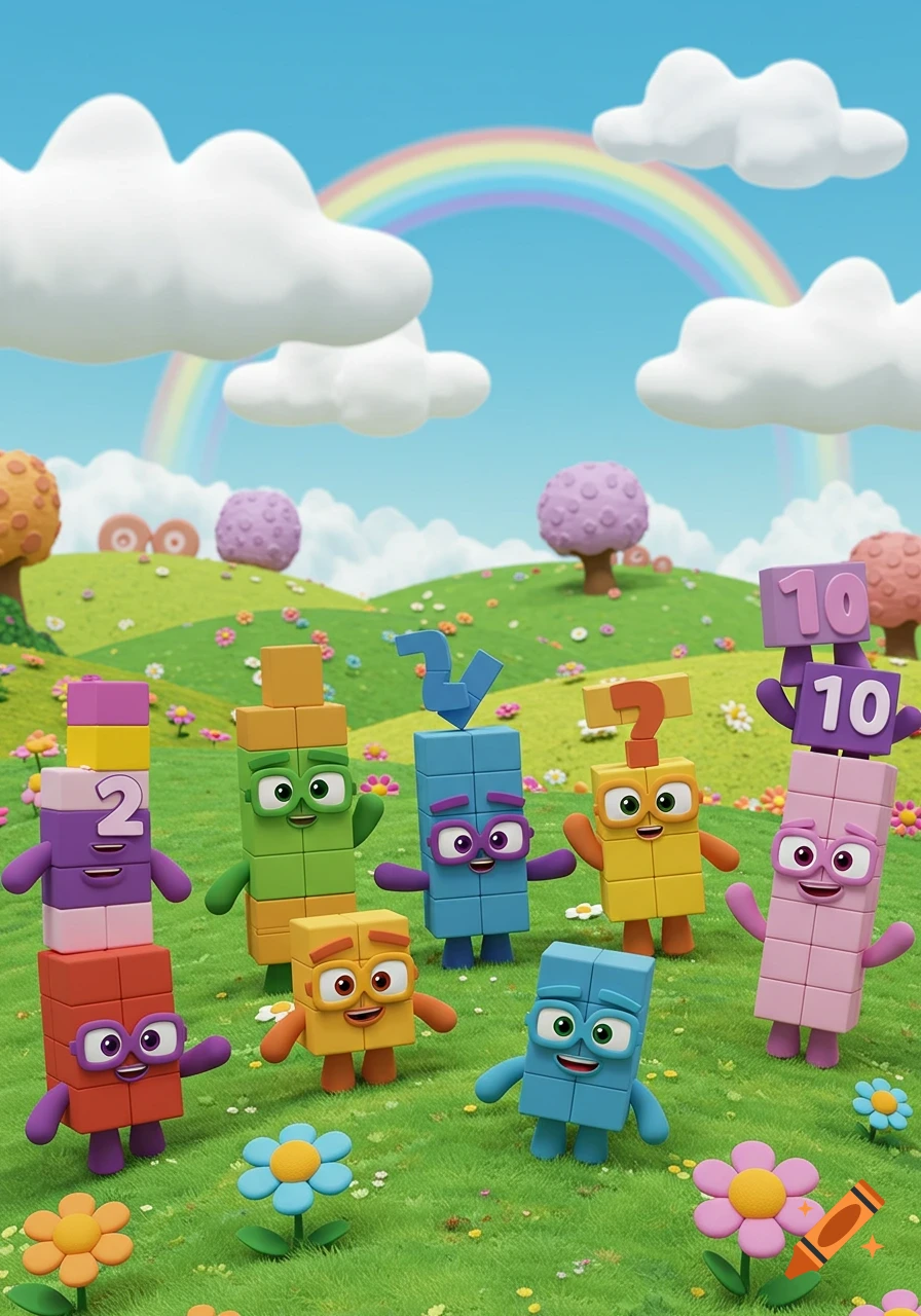 A colorful cartoon scene with multiple Numberblocks characters on a grassy hill under a rainbow sky.