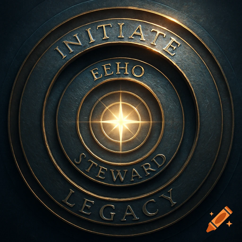 Metallic concentric rings with the words 'Initiate', 'EEHO', 'Steward', and 'Legacy' embossed in gold, surrounding a bright star-like glow.